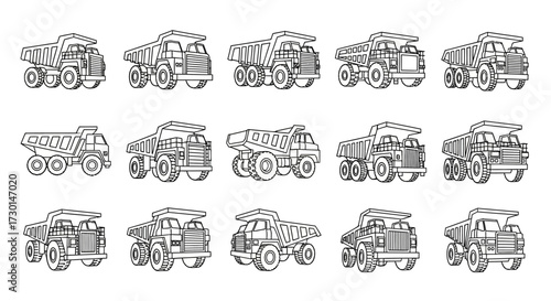 A collection of detailed black and white line drawings of various dump trucks, showcasing different models and angles.