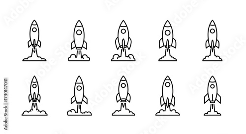 Line art illustration of ten rockets launching, with varying stages of smoke and flame.