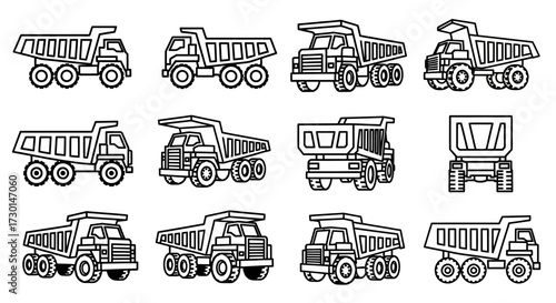 Collection of dump truck line art illustrations in vector format.