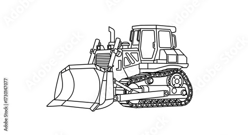 Line art drawing of a heavy construction bulldozer with a large front blade and tracks, ready for earthmoving tasks.