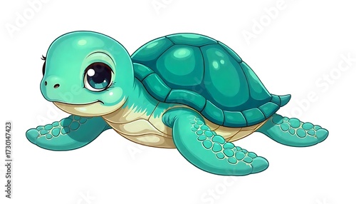 Adorable cartoon baby sea turtle with big, curious eyes swimming playfully in vibrant ocean blue water