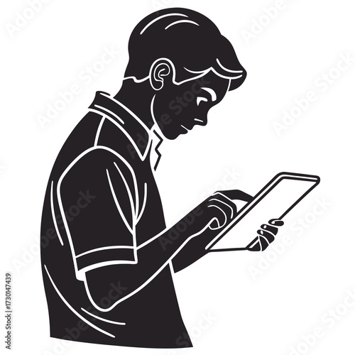A young man in a collared shirt is focused on his tablet using his finger to interact with the screen in a modern clean illustration