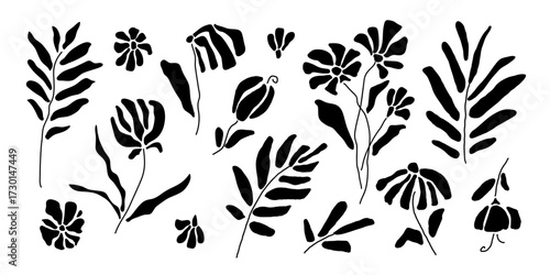 Flowers and Branches in folk style. Botanical design. Botanical doodle set. Hygge naive illustrations kit. Collection of classic ethnic natural motifs. Abstract flowers and branches. Abstract plants. 