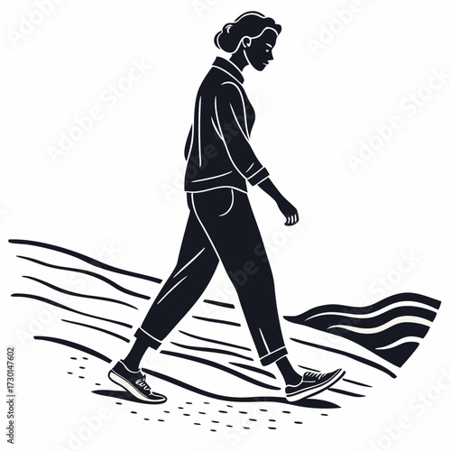 A stylish silhouette of a woman walking confidently forward on a path with abstract wavy lines representing the ground beneath her feet
