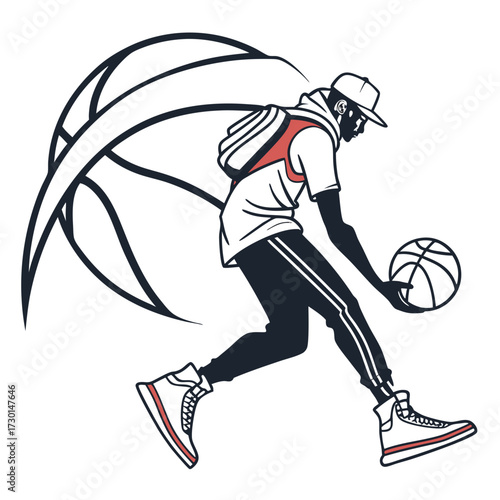 Dynamic silhouette of a young man dribbling a basketball with a stylized oversized basketball in the background showcasing urban street style and athletic movement