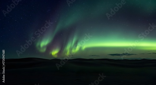 Wallpaper Mural Serene night desert scene featuring vibrant Aurora Borealis streaking across starry navy sky Torontodigital.ca