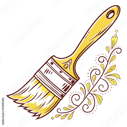 A stylized yellow paint brush with a dark outline is depicted diagonally with its bristles appearing to create decorative yellow and brown swirling floral elements on the right side of the composition