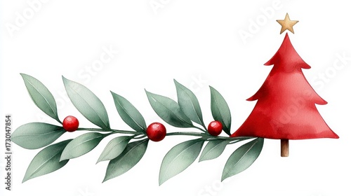 A Christmas tree clipart holiday element watercolor illustration green and red isolated on white background. Festive xmas fir image celebration graphic aquarelle painting scarlet