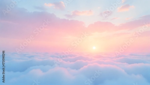 Dreamy pastel sunrise over fluffy clouds with soft pink and blue hues, inspiring peace and tranquility