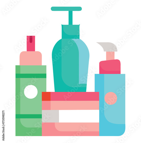 Collection of flat skincare bottles for beauty products