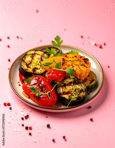 Grilled vegetables on a plate, vibrant colors, pink background