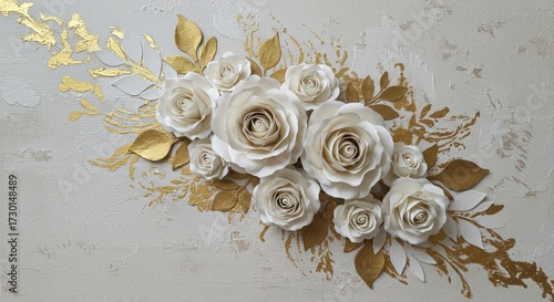 White rose wallpaper with gilded leaves on rustic plaster — sophisticated 3D embossed floral mural.