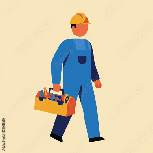 Graphic tradesman in blue overalls carrying a toolbox, walking