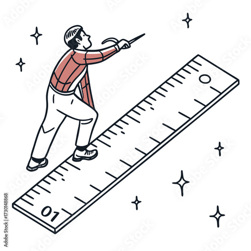 A determined man climbs a giant ruler holding a pointer symbolizing measurement progress and achieving goals with precision and focus