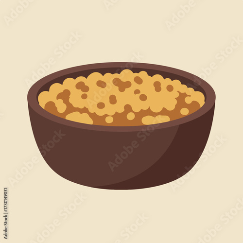Brown bowl filled with bumpy golden food against a tan background