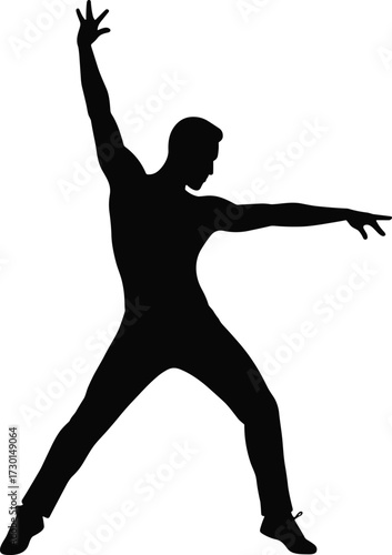 Black Silhouette of Dancer in Expressive Pose with Raised Arm and Spread Fingers for Performance Art Vector DesignBlack Silhouette of 