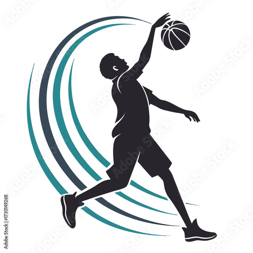Dynamic silhouette of a basketball player in mid air shooting the ball with swirling abstract lines representing motion and energy