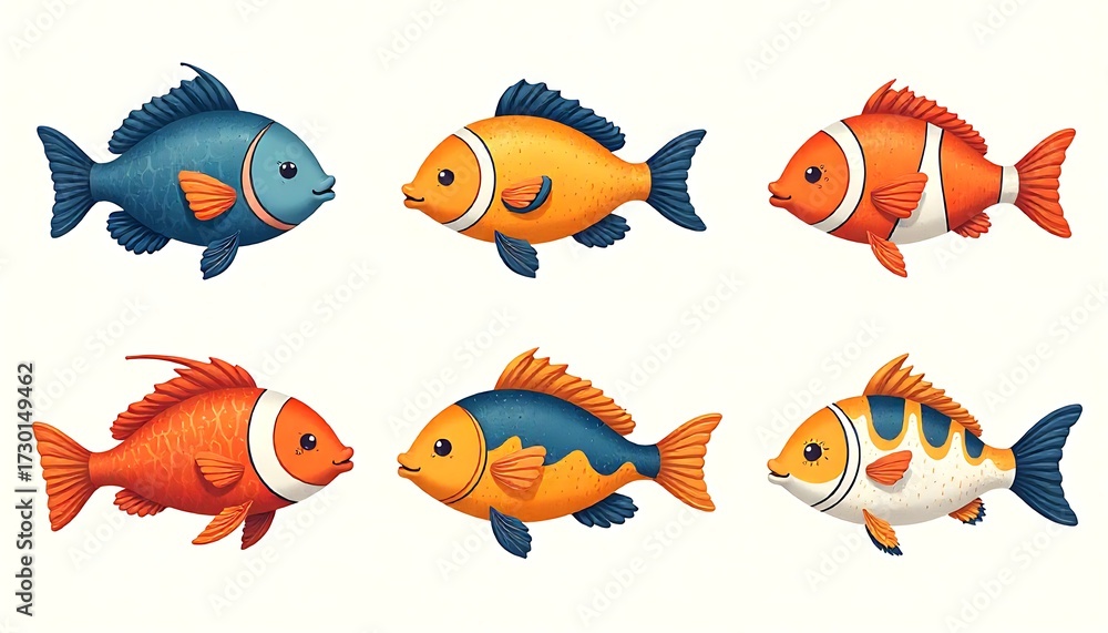 Fototapeta premium Playful cartoon fish collection swimming in a vibrant underwater world, perfect for children's illustrations and aquatic designs