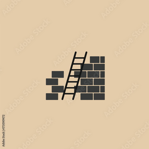 Unfinished brick wall with ladder leans to top on light tan background