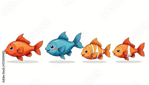 Cheerful cartoon fish swimming together with bright colors, perfect for children's books, playful designs, and aquatic themes