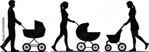 Silhouette vector of adults pushing different styles of baby strollers for parenting and childcare themesSilhouette vector of adults pushing different styles of baby strollers for parenting 
