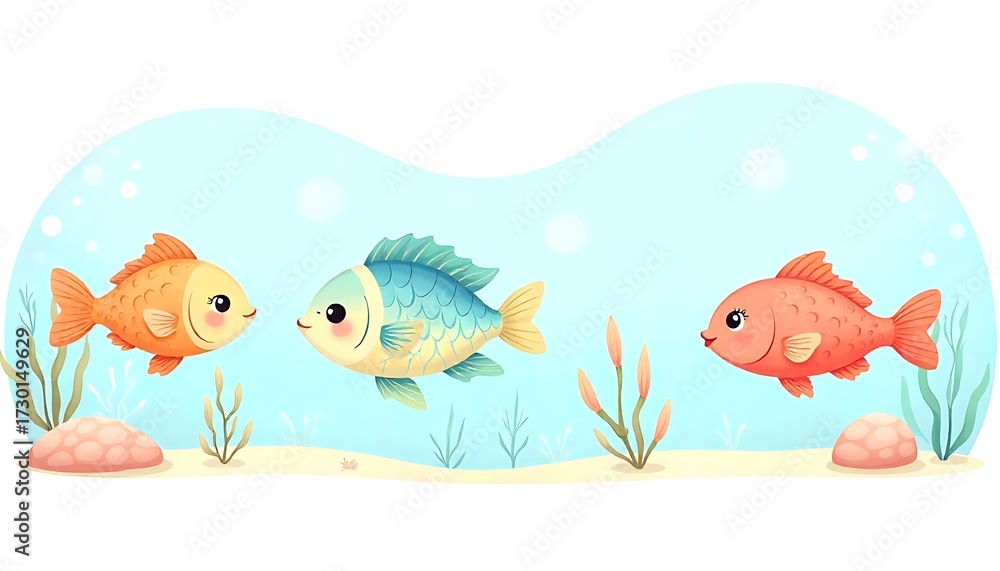 Fototapeta premium Adorable cartoon fish swimming together in vibrant underwater scene with playful expressions, perfect for children's designs