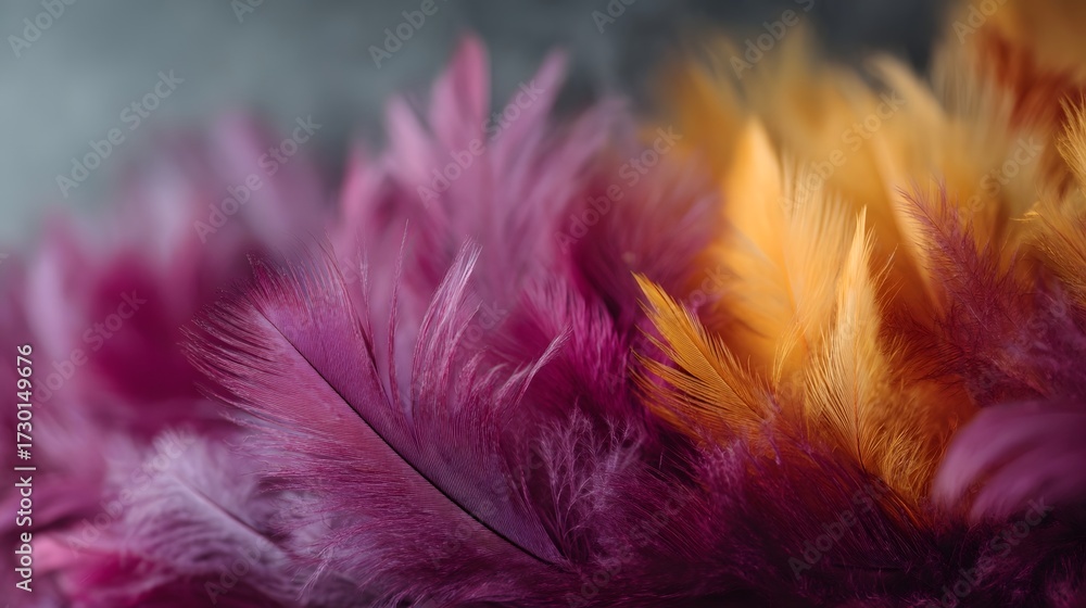 Obraz premium Close up view of soft colorful feathers transitioning from deep purple to vibrant orange creating an abstract background with shallow depth of field