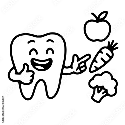 Happy Tooth Promoting Healthy Foods, Cartoon Tooth with Fruits and Vegetables