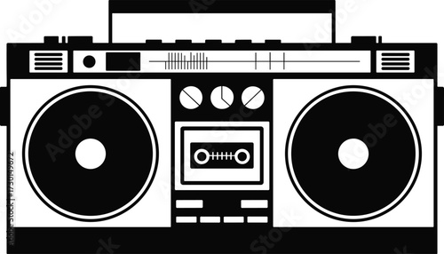 Black and white silhouette vector of vintage boombox with cassette deck, speakers, buttons, and equalizer slidersBlack and white silhouette vector of vintage boombox with cassette deck