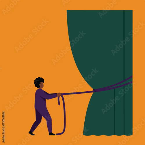 Person pulling green curtain in orange background, secured with violet ropes