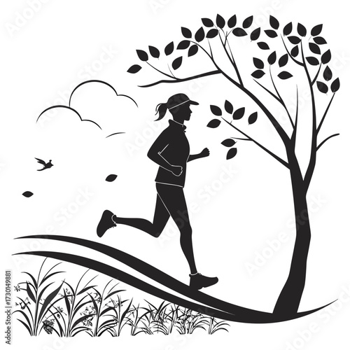 Silhouette of a woman running outdoors near a tree with falling leaves and a bird flying in the sky with clouds