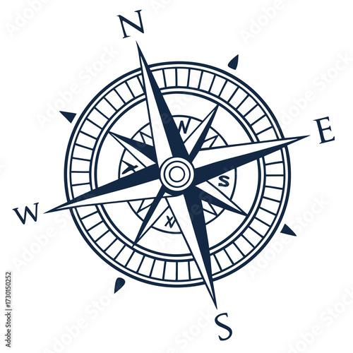 A classic navy blue vintage compass rose design with cardinal directions north east south west clearly marked on a white background
