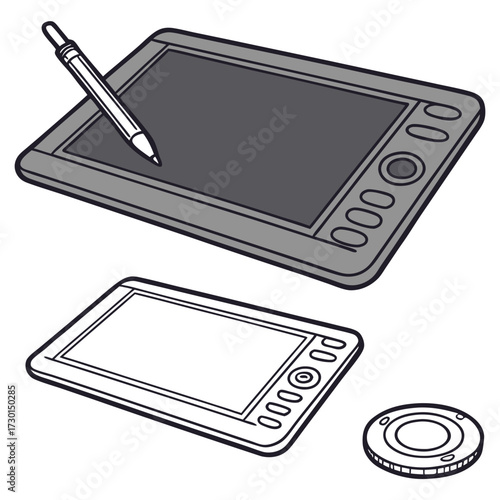 Graphic design tools including a digital drawing tablet with stylus and a separate blank tablet with buttons and a circular accessory isolated on white background