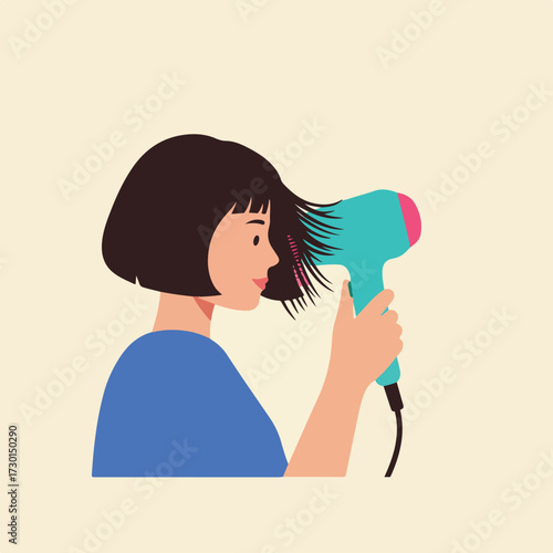Woman drying her short bob with teal and pink hair dryer on beige background