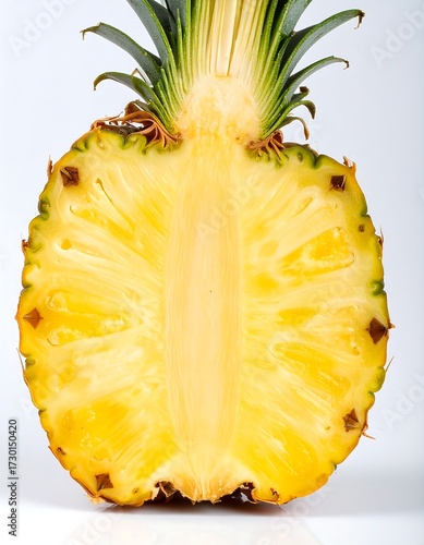 Halved pineapple, vibrant yellow flesh, detailed texture, clean background