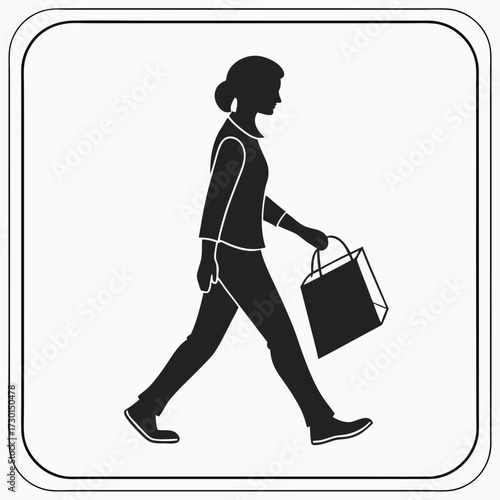Silhouette of a woman walking with a shopping bag in her hand depicted as a simple black and white graphic icon within a rounded square frame