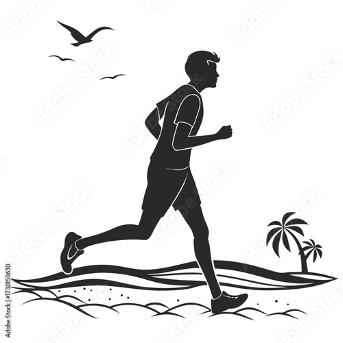 Silhouette of a young man running on a sandy beach with palm trees and seagulls flying in the clear sky during a healthy outdoor activity