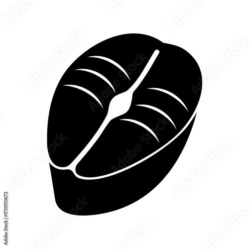 Black and white illustration of a salmon steak fillet cut through, monochrome