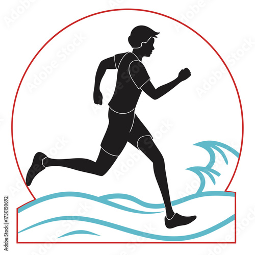 Athletic silhouette of a man running with determination through stylized blue waves and a red circular frame symbolizing movement and achievement