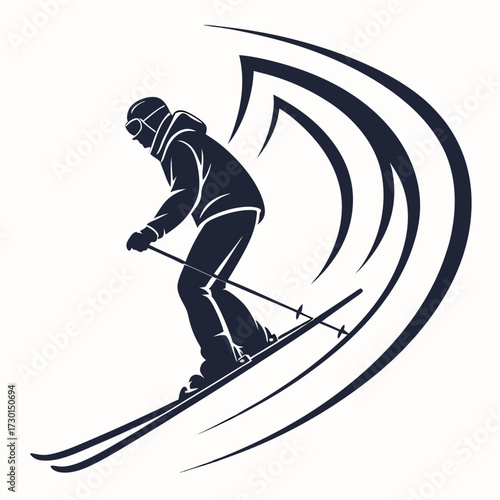 Dynamic silhouette of a skier in motion carving down a snowy slope with stylized abstract curves representing speed and wind conveying winter sports and adventure