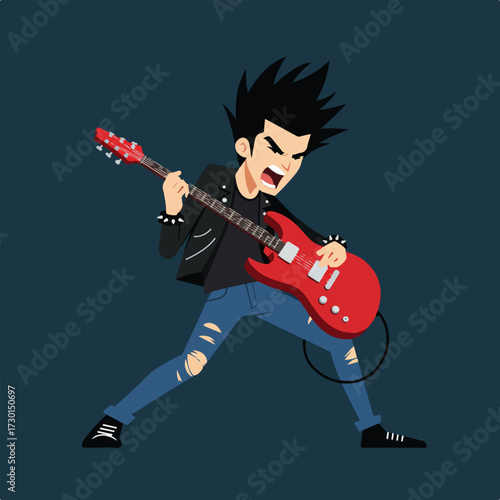Cartoon illustration of a punk rocker playing electric guitar in a concert