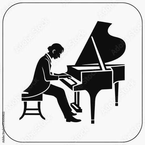 A stylized silhouette of a person in formal attire playing a grand piano with a stool and pedals visible against a white background