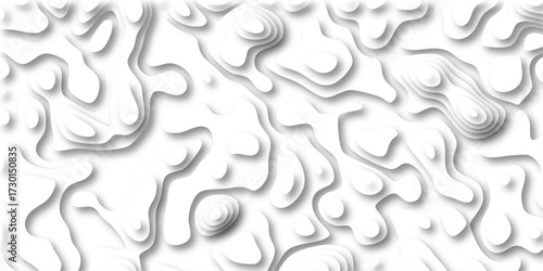 Organic topographic contour lines forming a white and grey abstract layered pattern with soft shadows and gentle highlights, ideal for minimalist backgrounds and creative design