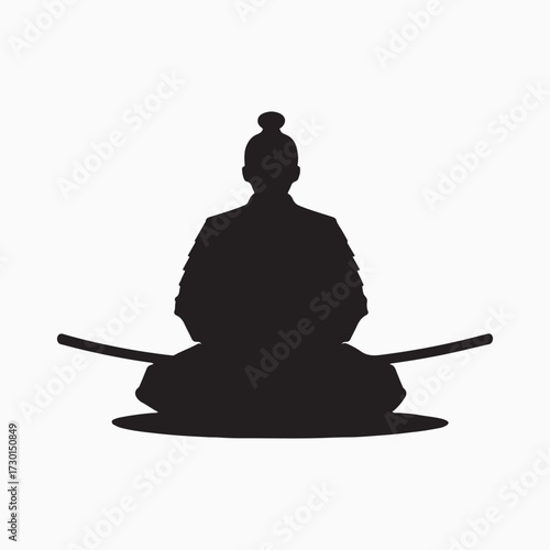 Meditating Samurai Warrior in Seiza Position with Two Katana Swords Silhouette Vector.