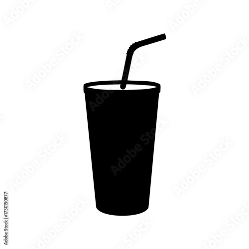 Black silhouette illustration of soda cup with straw on white background