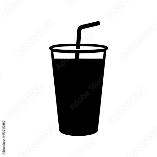 Black and white illustration of a beverage in a plastic cup with straw
