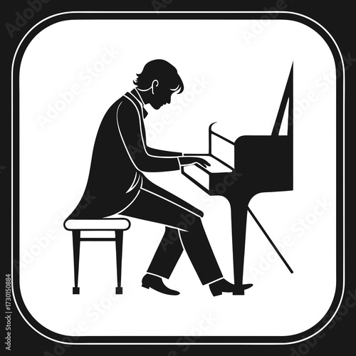 Stylized silhouette of a man in a suit playing a grand piano depicted with clean lines and a minimalist aesthetic against a white background within a rounded square frame