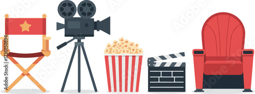 A Swiss red army knife and a red pencil rest on a white background next to a popcorn box symbol for movie entertainment