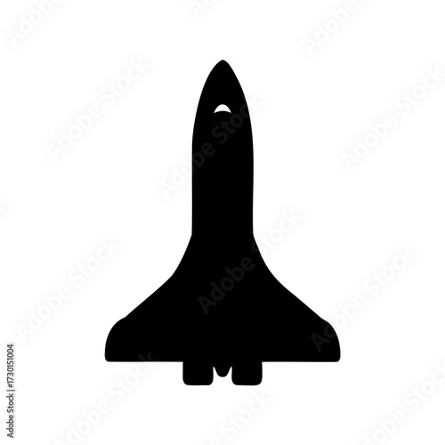 Simple silhouette illustration of a space shuttle ascending into the night sky