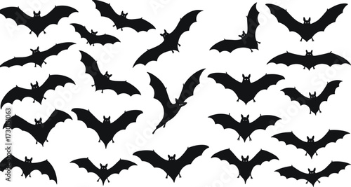 Flying bat silhouettes collection, Halloween bats vector illustration, spooky night creatures design, black bat icons set for decoration, artwork